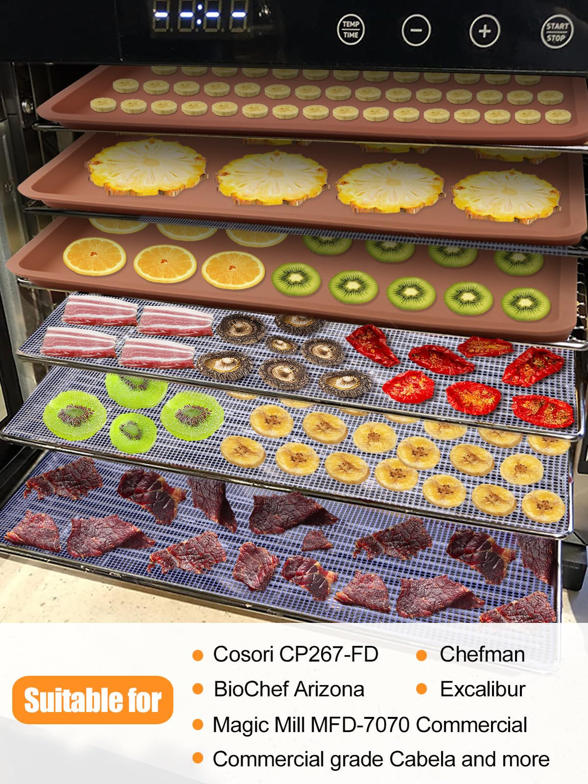 Aulock silicone dehydrator mats with grid design for even airflow and easy release.