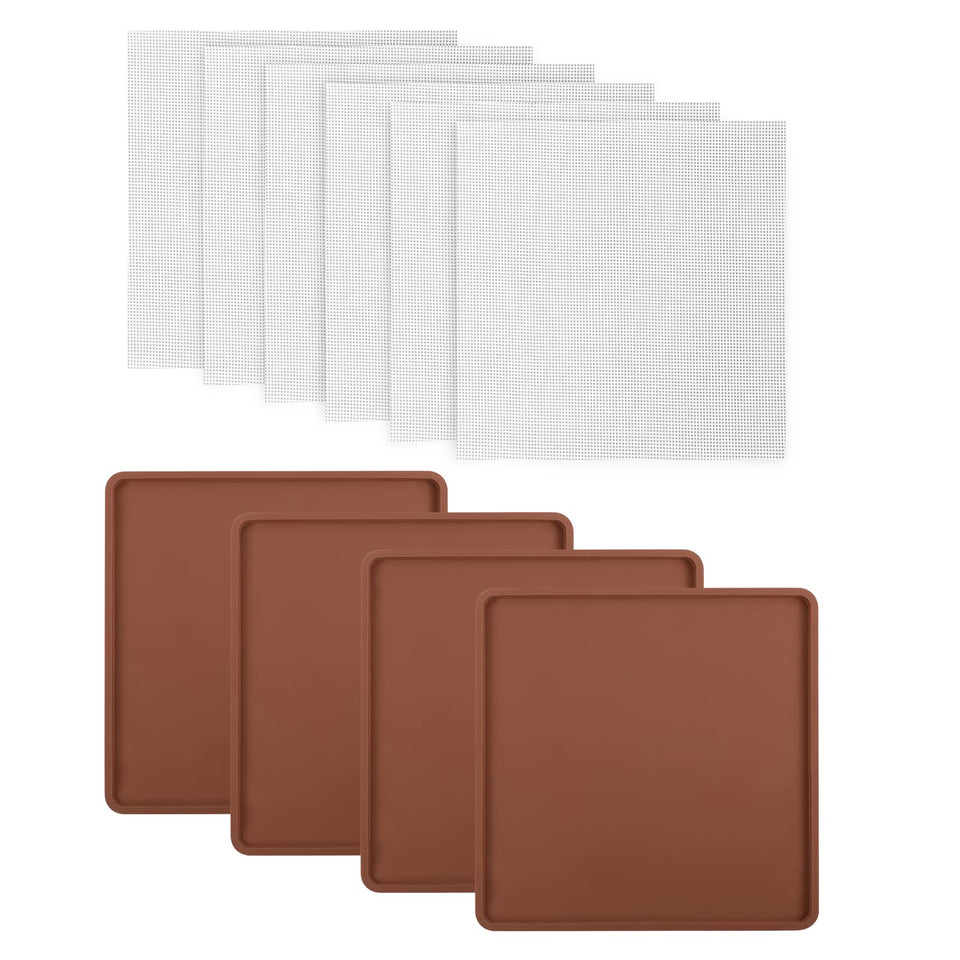 Aulock silicone dehydrator mats with raised lip design for contained drying on a solid tray.