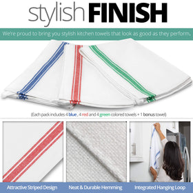 Aunti Em's Kitchen dish towels with hemmed edges and hanging loop.