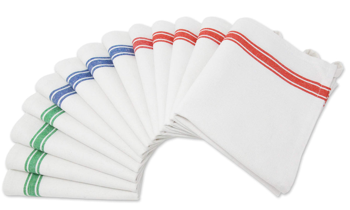 Aunti Em's Kitchen dish towels in red green blue stripes for vibrant decor and quick-dry performance.