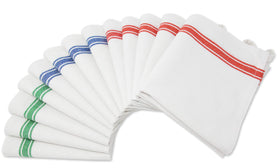 Aunti Em's Kitchen dish towels in red green blue stripes for vibrant decor and quick-dry performance.
