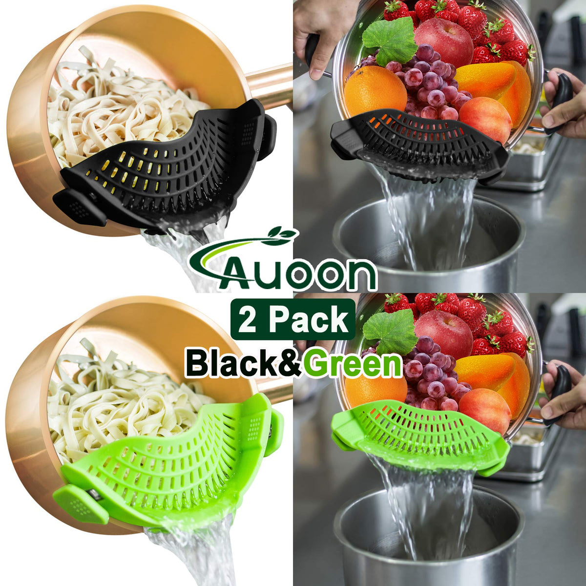 AUOON clip-on strainer drains pasta easily.