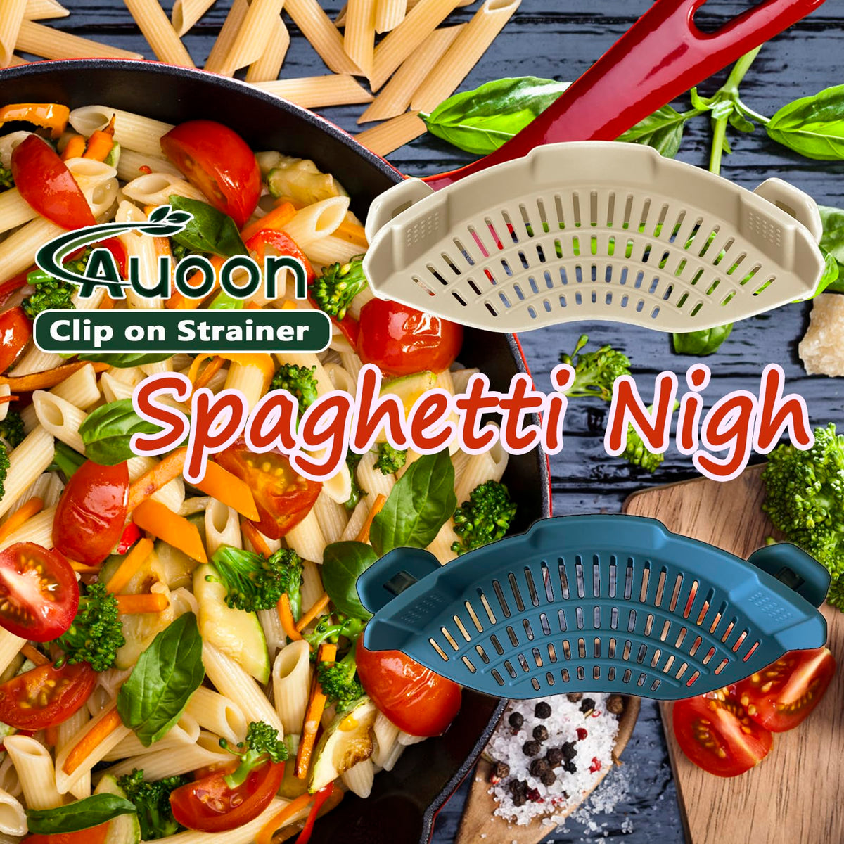 AUOON Heat-resistant silicone material visible on the strainer during cooking