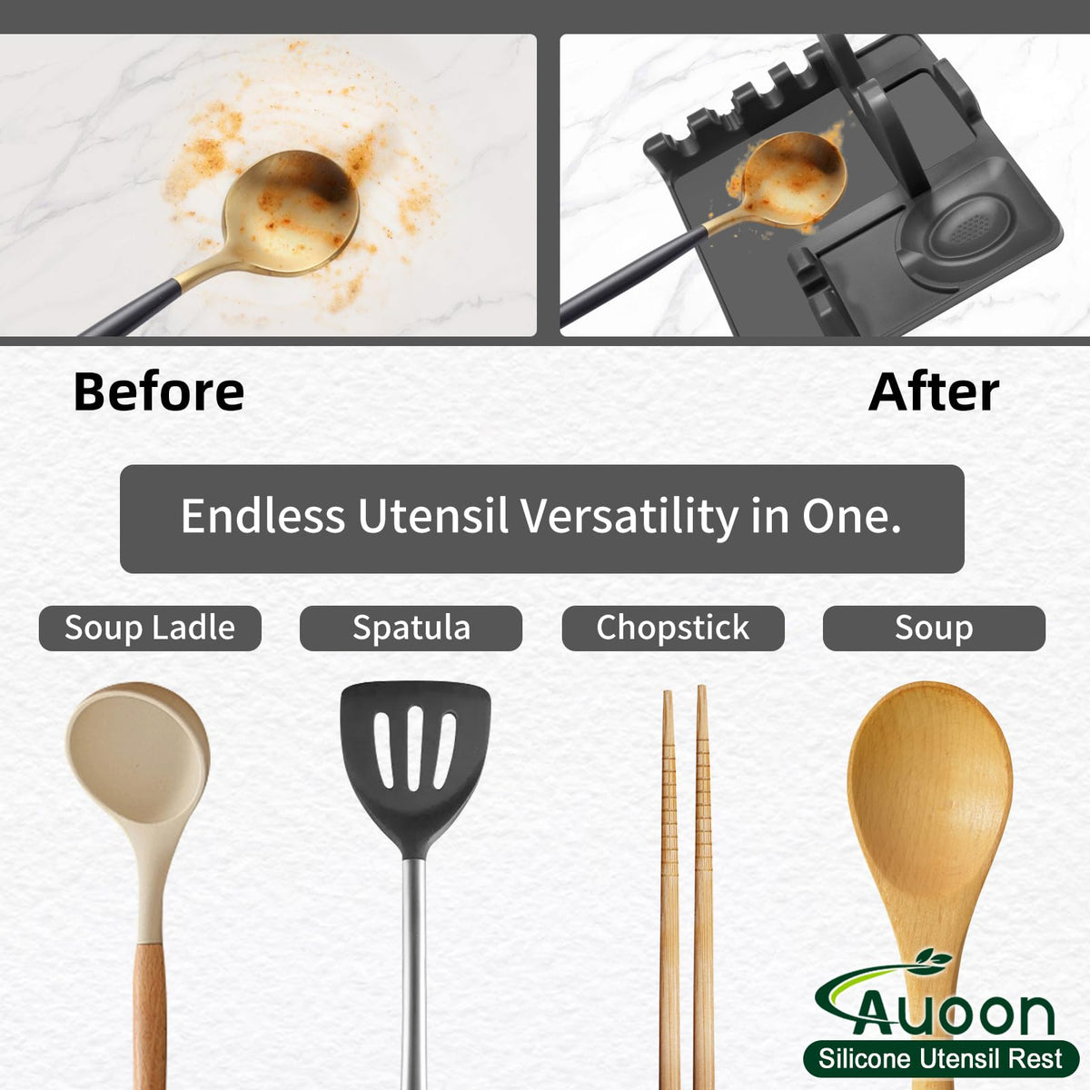 AUOON spoon rest in use, holding utensils and lids within easy reach.