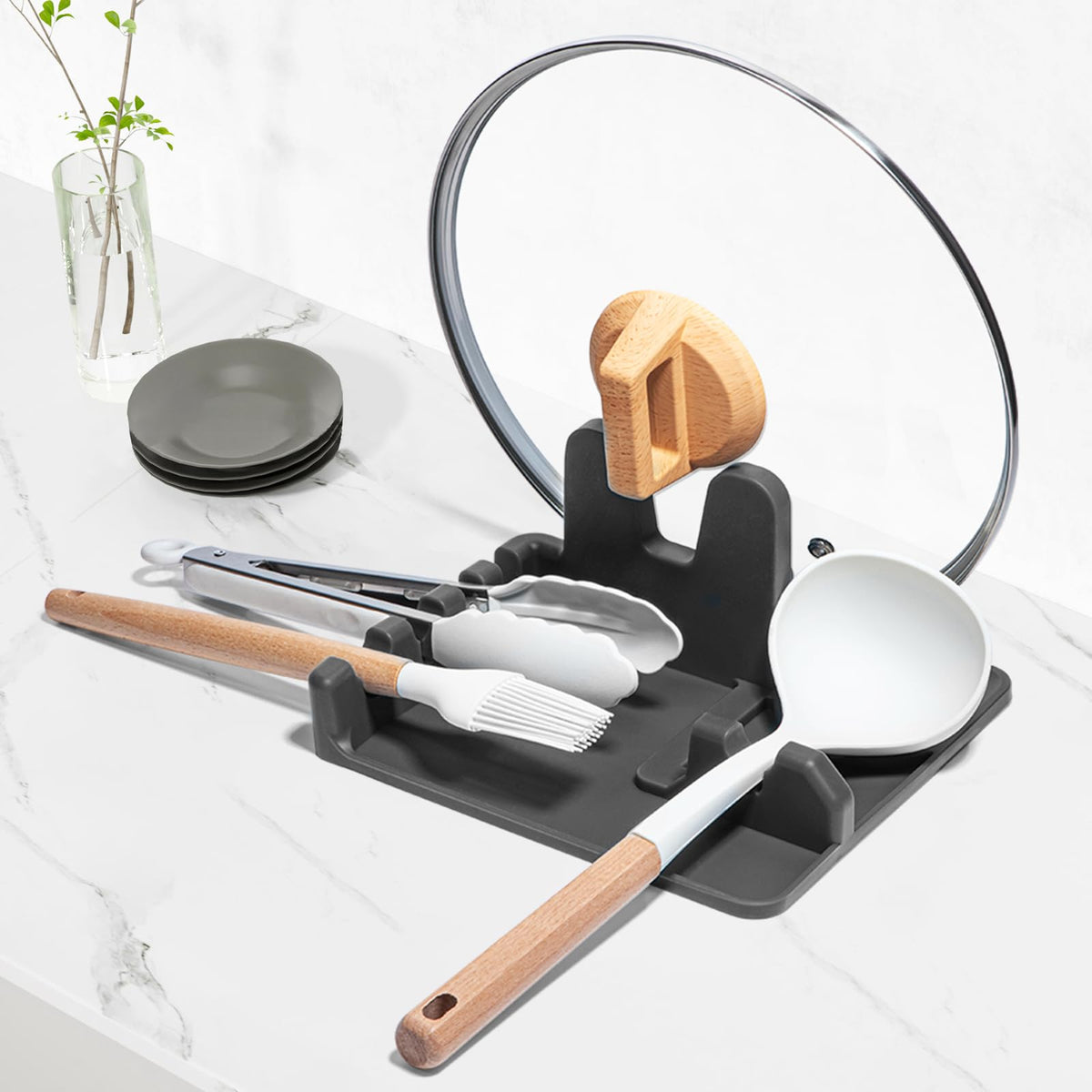 AUOON silicone spoon rest with lid holder keeps counters tidy and organized.