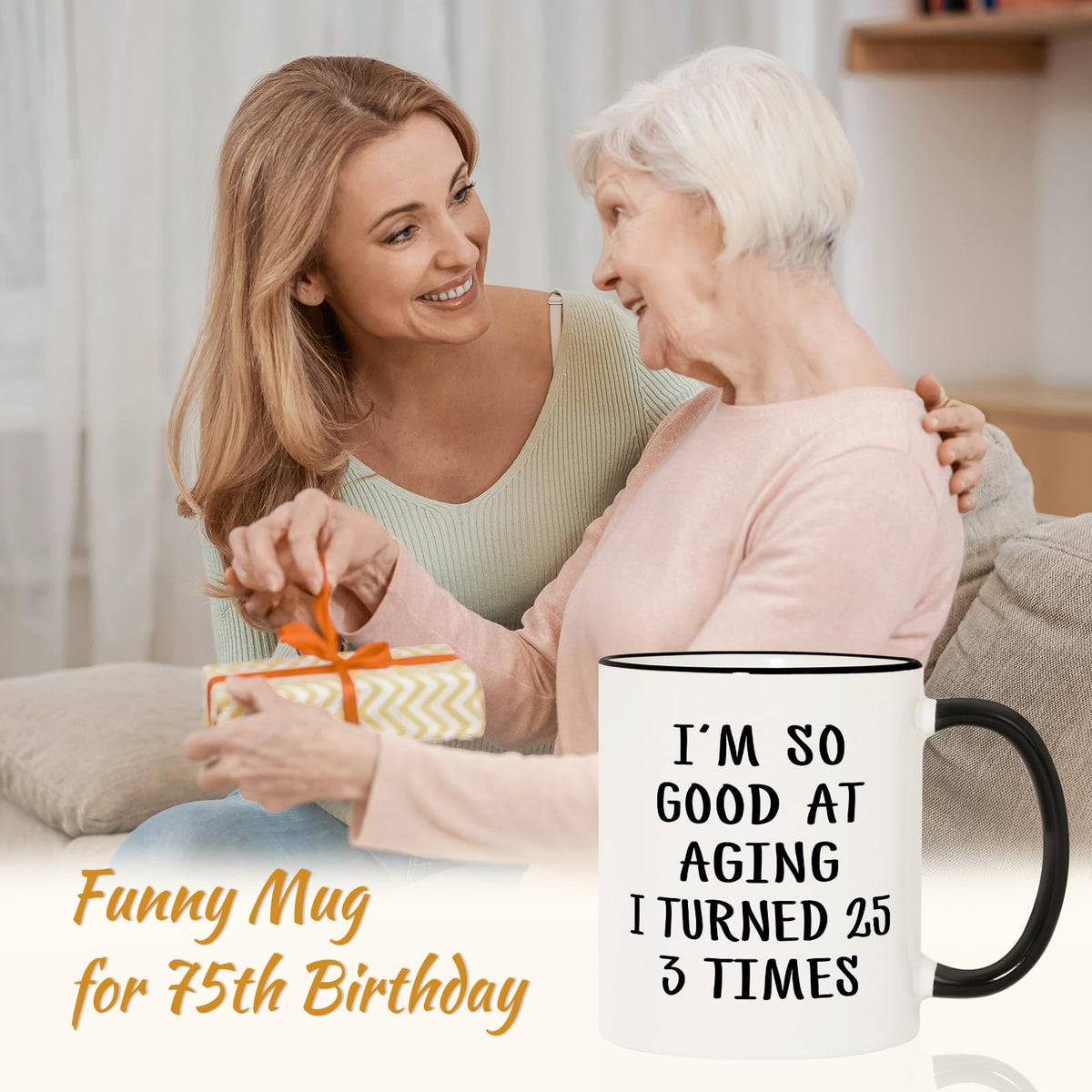 Aurahouse 75th birthday mug back view displaying humorous tagline