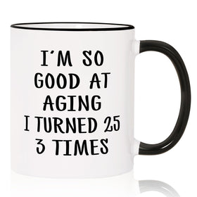 Aurahouse 75th birthday mug front view with bold print for gifting
