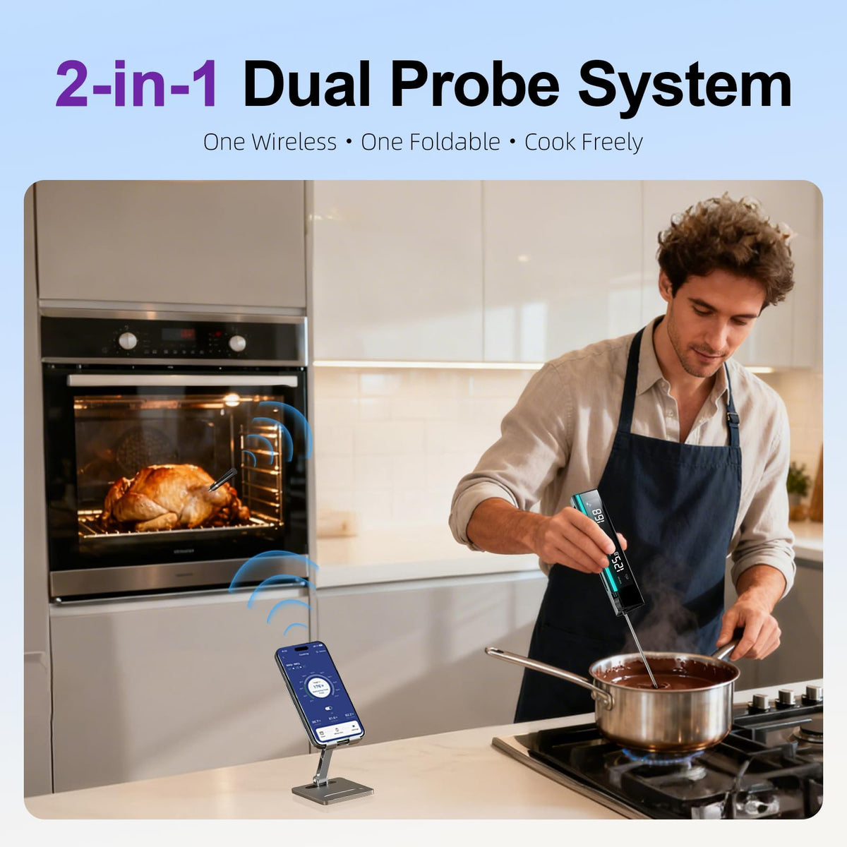 AURASKY CP40 wireless probe in motion for hands-free grilling around the patio