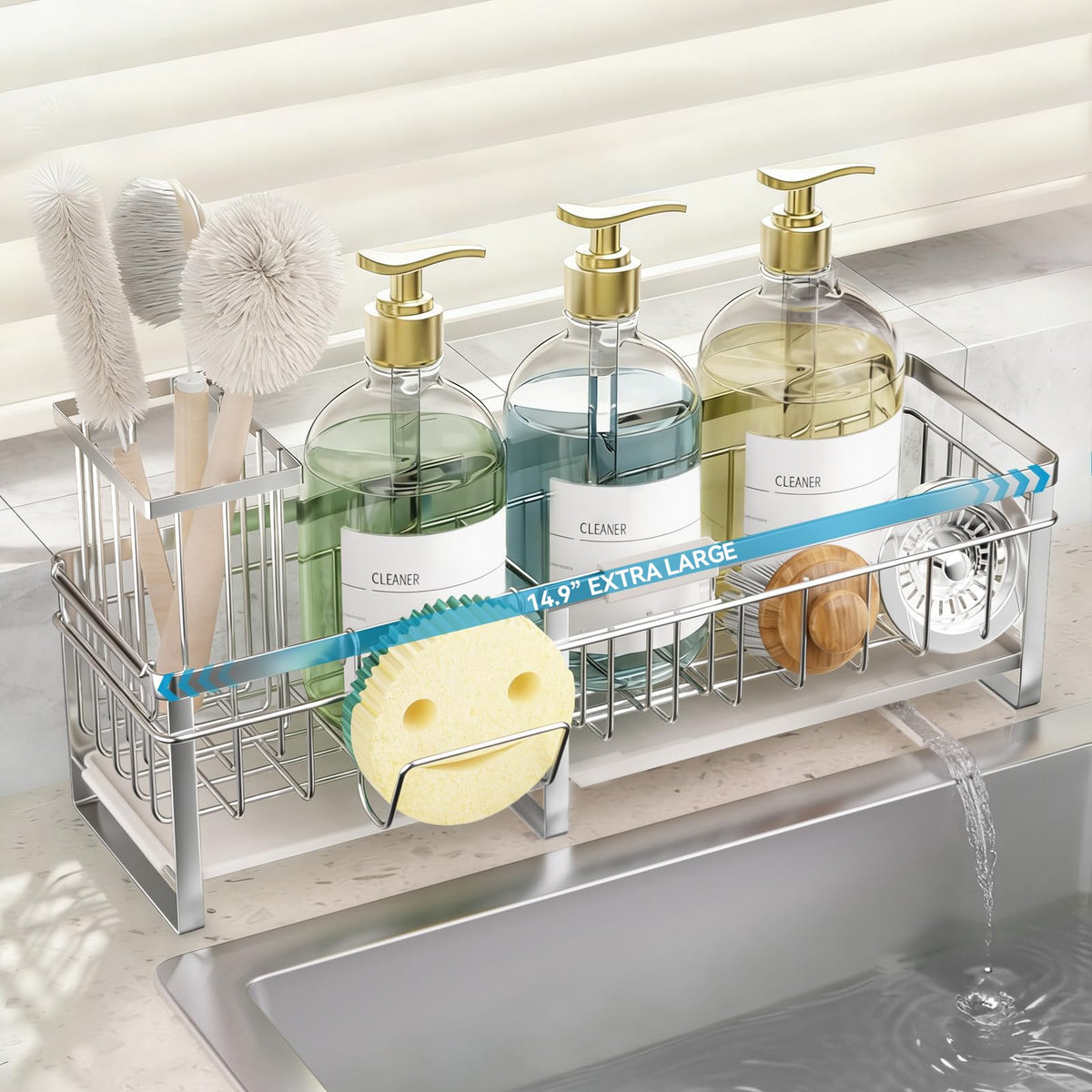 Aurblozen expandable sponge holder under sink showing adjustable length for more space