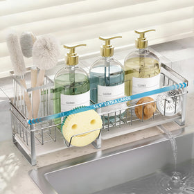 Aurblozen expandable sponge holder under sink showing adjustable length for more space