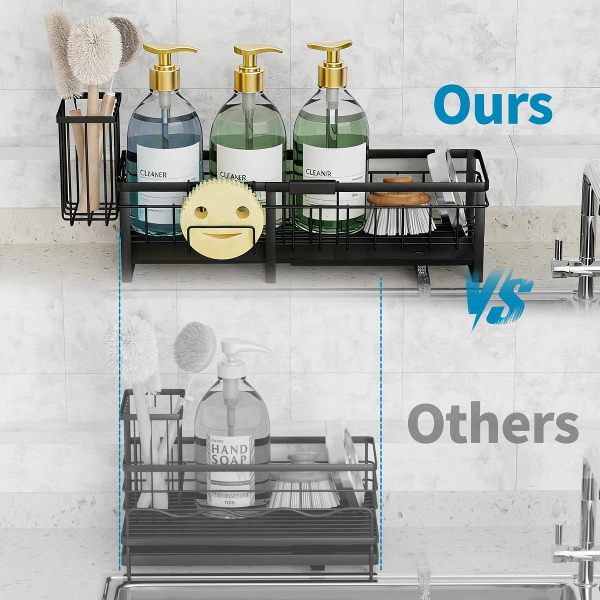 Aurblozen kitchen sink brush holder with high position and hooks for organized cleaning tools.