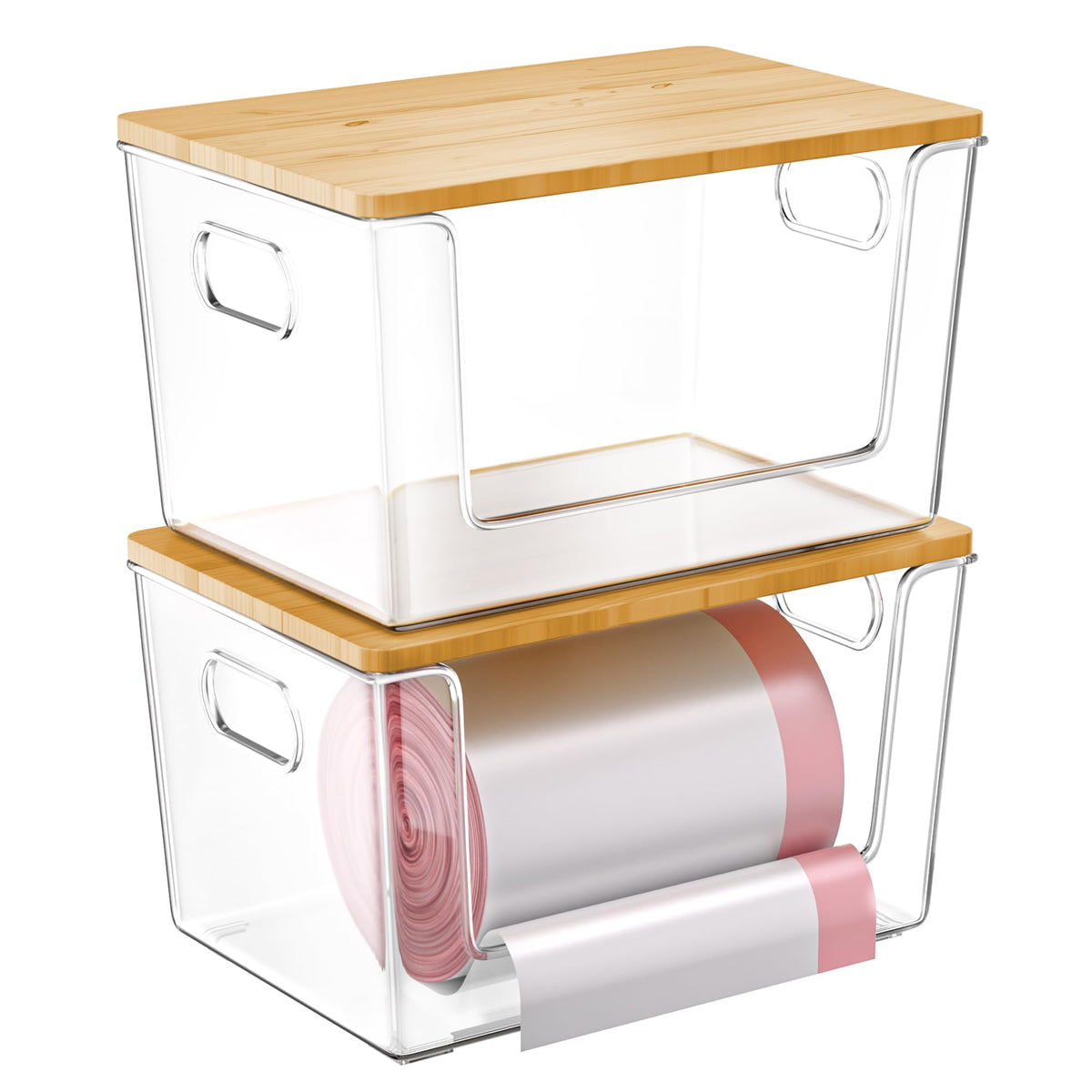 Aurblozen pantry organizer stackable bins with bamboo lids on a kitchen counter