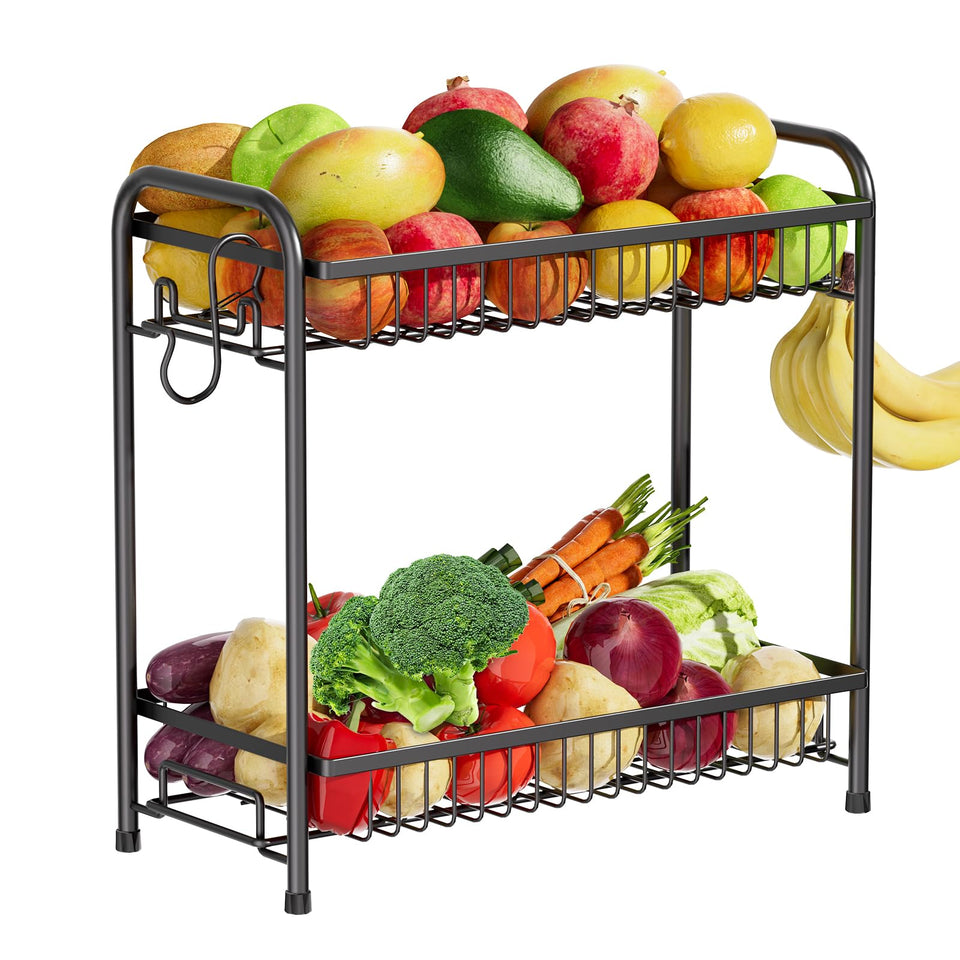 AURIKAR two‑tier fruit basket on a kitchen counter for added storage.