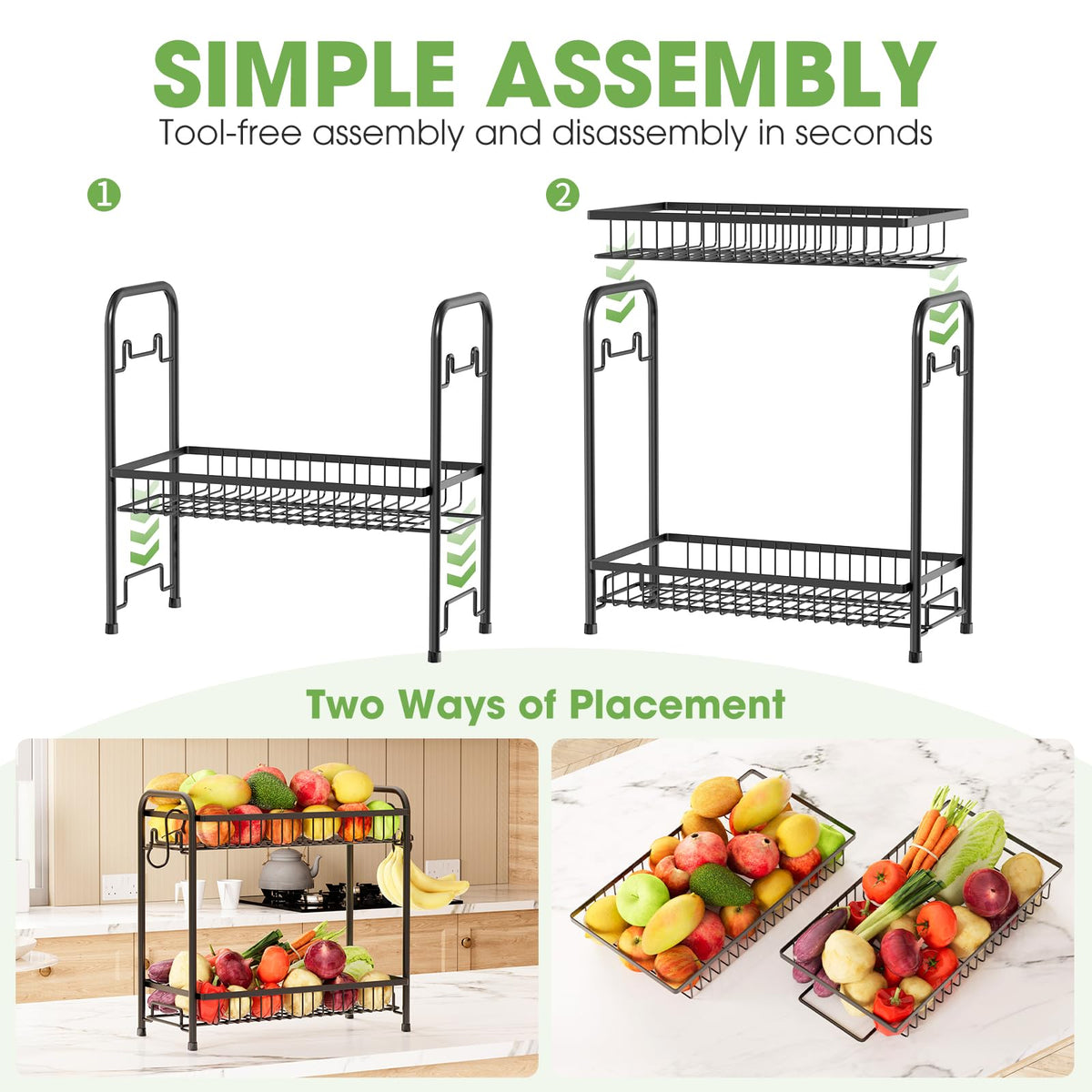 AURIKAR black countertop storage for fruits, vegetables, bread, and snacks.