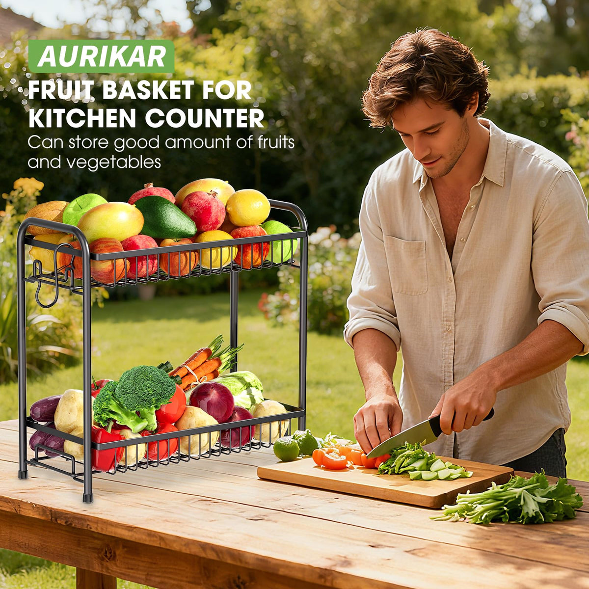 AURIKAR sturdy metal fruit holder with waterproof coating for durability.