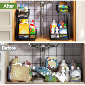 L-shaped two-tier design maximizes vertical storage in cabinets