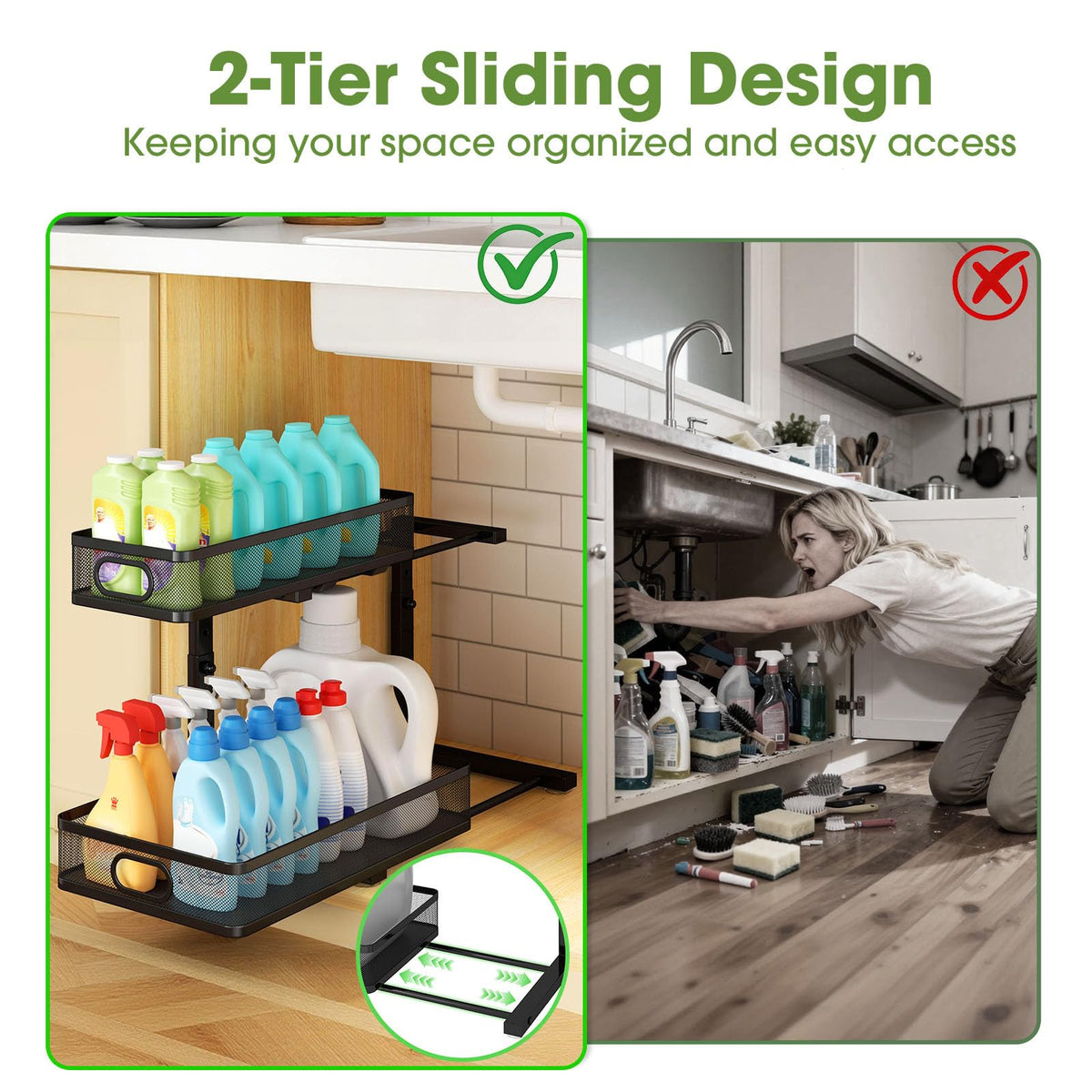 Breathable mesh shelves under sink keep bottles visible and dry