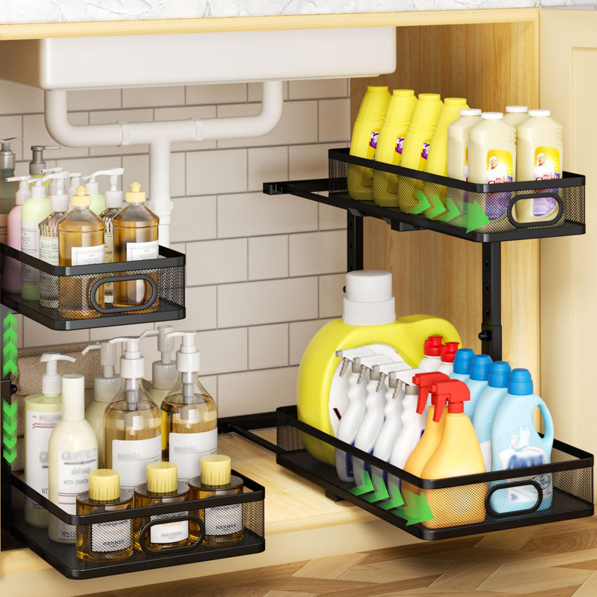 AURIKAR under sink organizer 2-pack shows two-tier pull-out setup for clutter-free cabinets