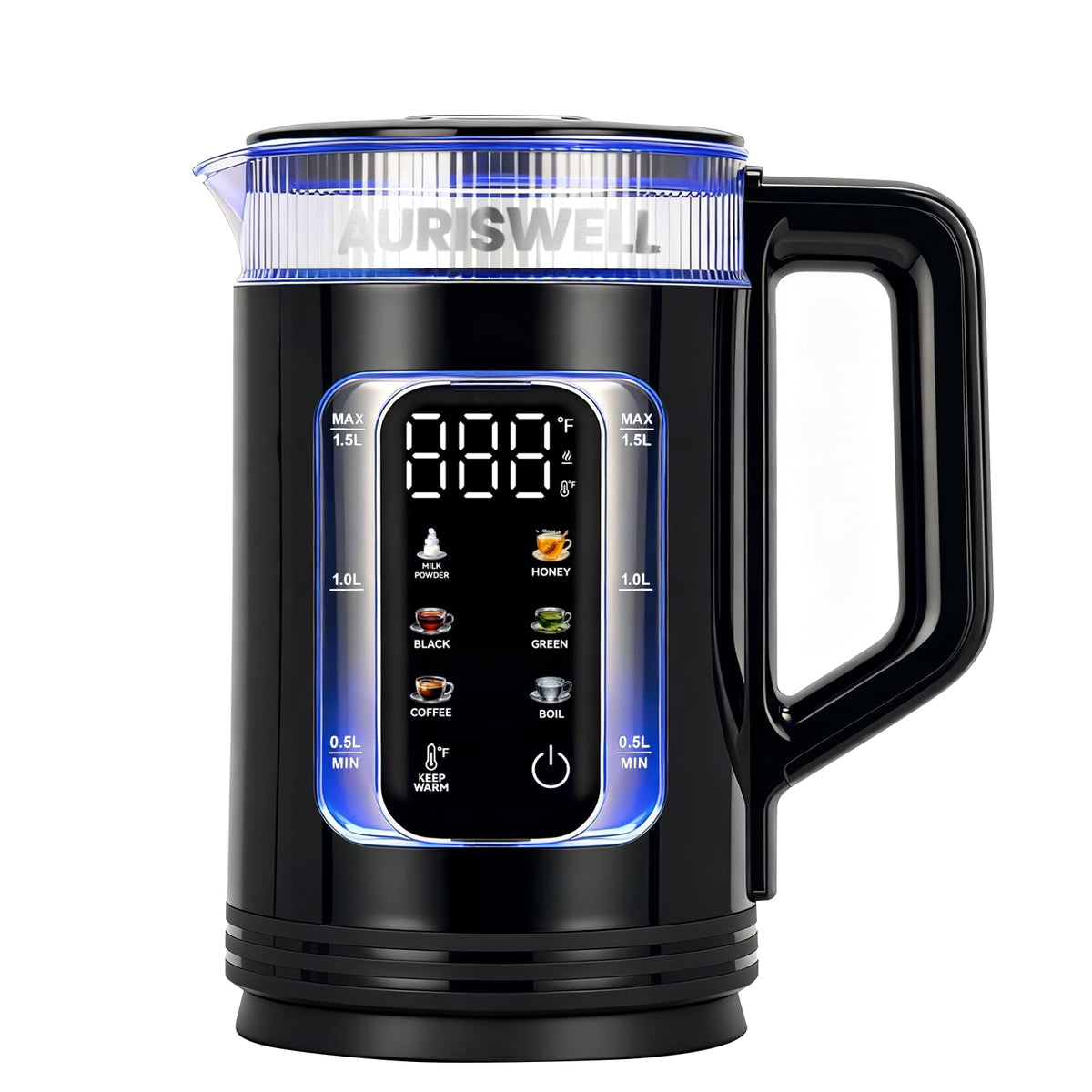 AURISWELL electric kettle with 6 presets on-screen for precise temperatures