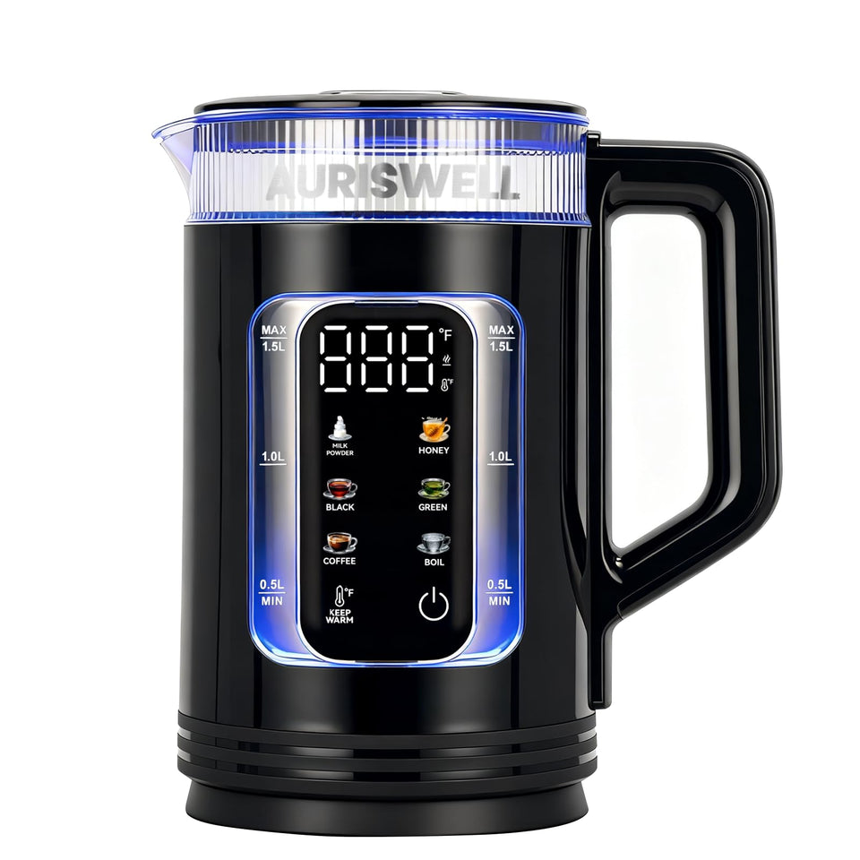 AURISWELL electric kettle with 6 presets on-screen for precise temperatures