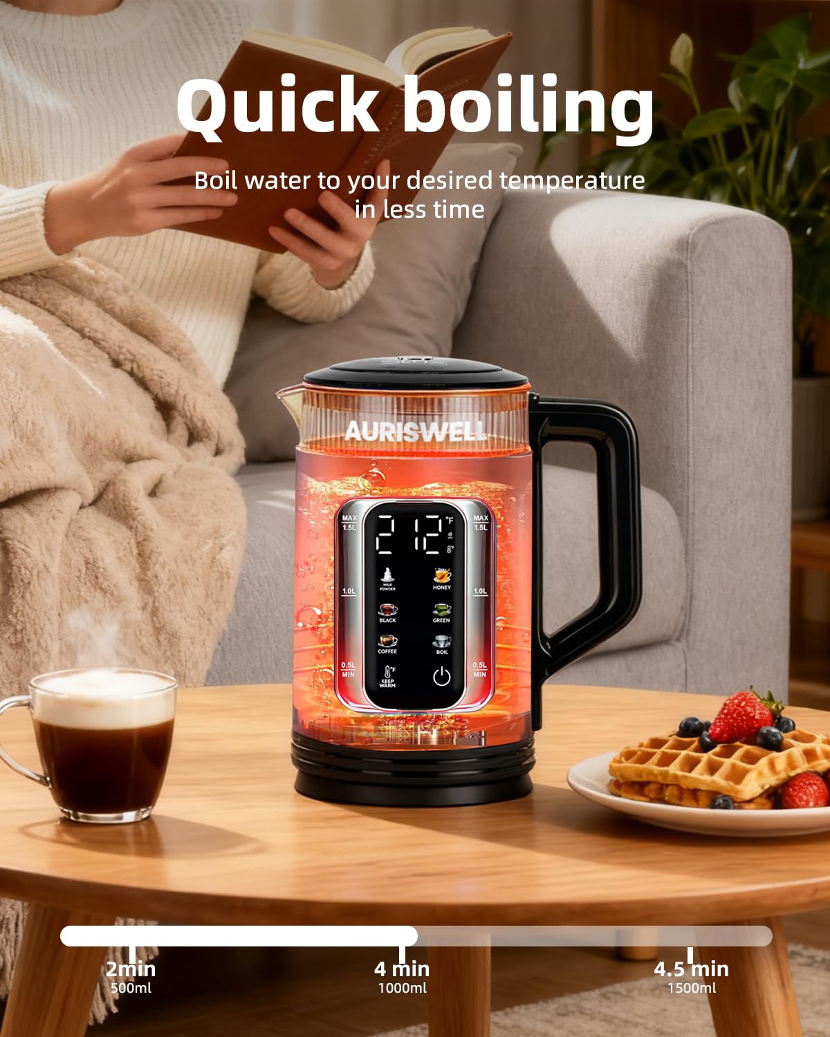 AURISWELL kettle water window with LED indicator shows level and temp