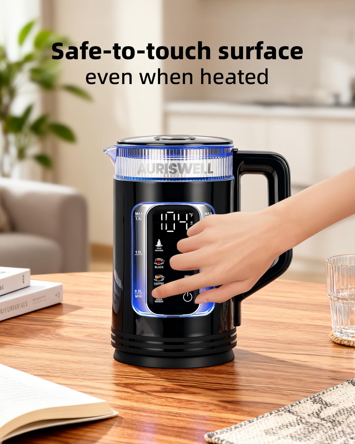 AURISWELL one-touch lid for splash-free filling and easy cleaning