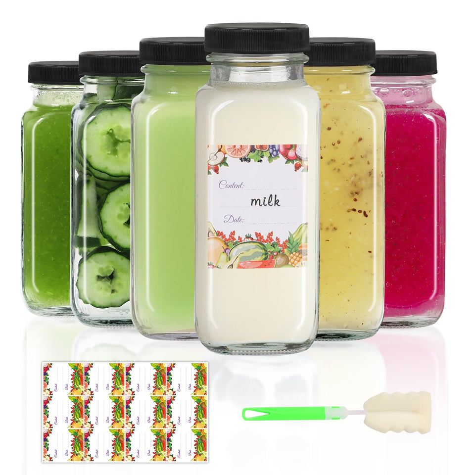 AuroTrends 8 oz glass bottles with lids in a six-pack for on-the-go drinks.