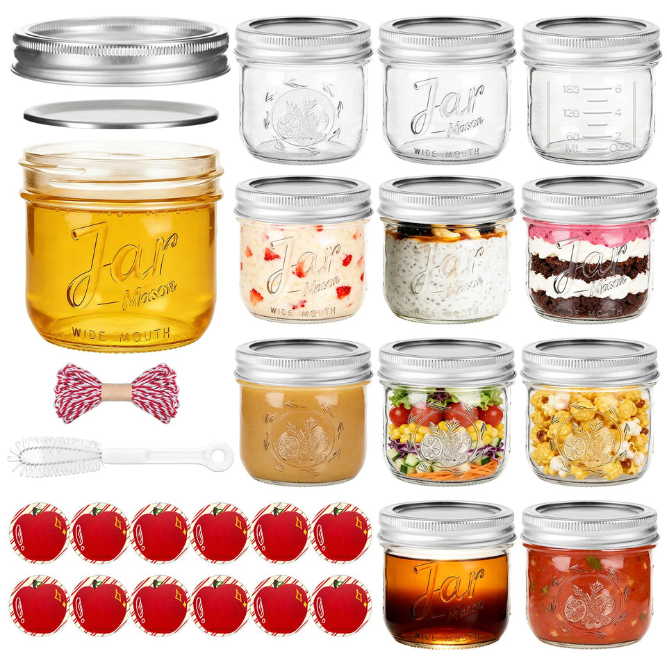 AuroTrends 8oz wide-mouth jar with embossed fruit pattern for stylish pantry storage.