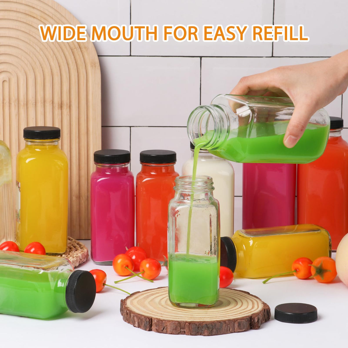 AuroTrends reusable glass bottle set for juice, water, or kombucha.