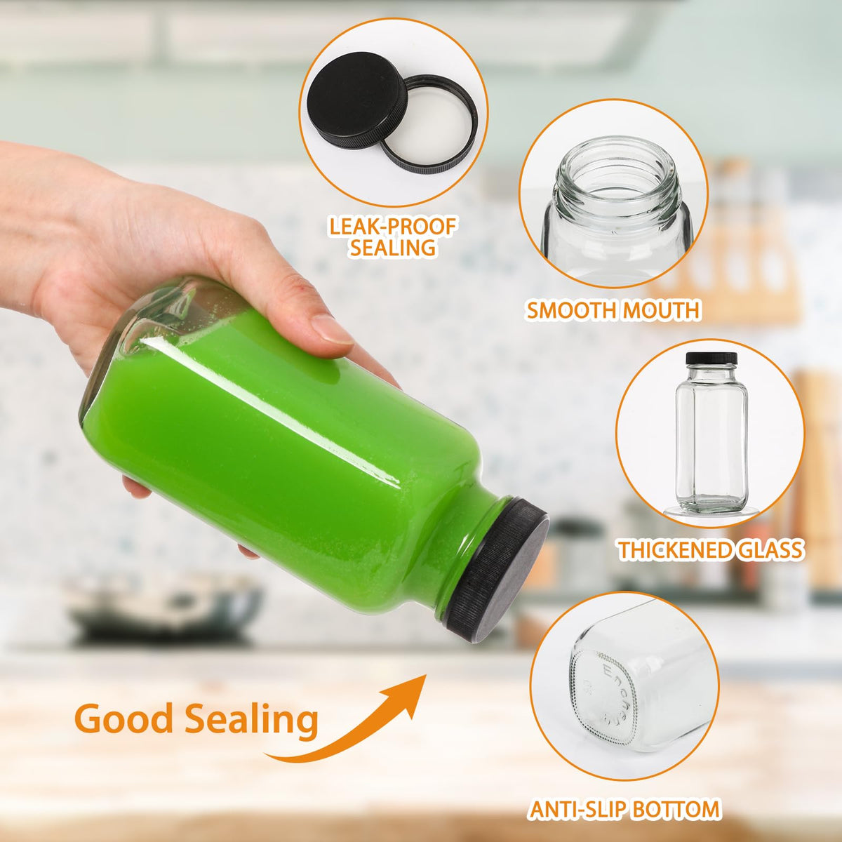 AuroTrends glass bottles with wide mouths for easy filling and cleaning.