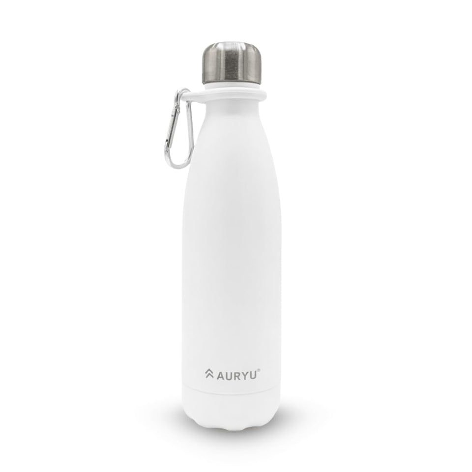 Auryu bottle with triple-wall insulation showing temperature stability for hours