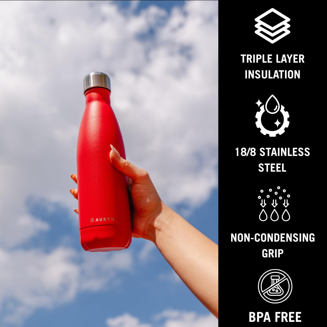 Auryu BPA-free stainless steel bottle closeup highlights safe, reusable construction.