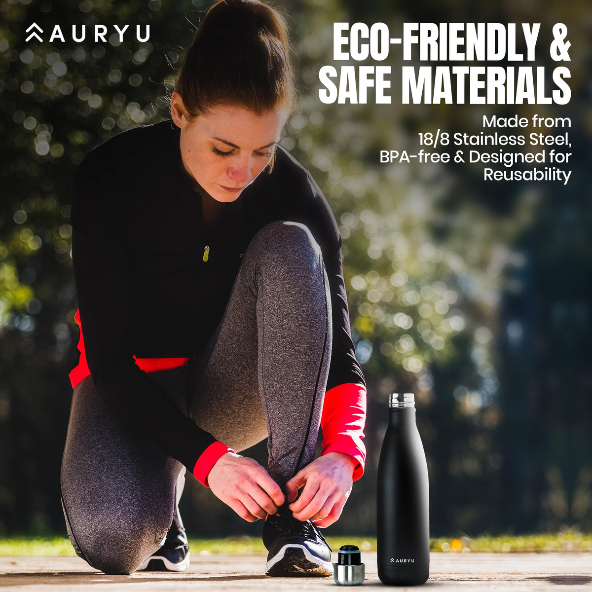 Auryu leak-proof bottle in rugged setting shows durability on the go
