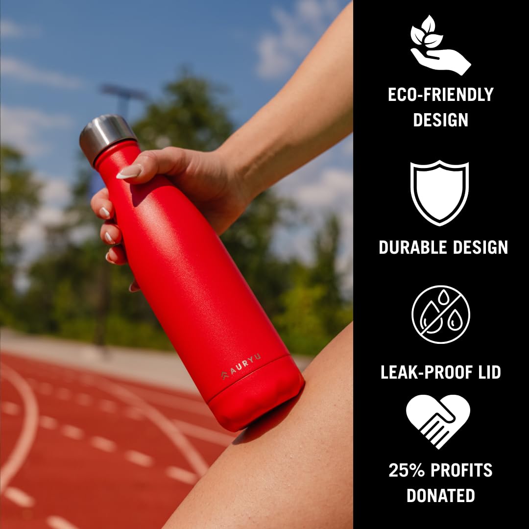 Auryu leak-proof lid with red bottle, ideal for bags and on-the-go.