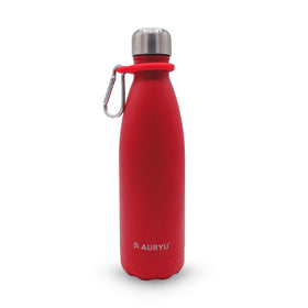 Auryu 17oz triple-walled red bottle, front view, ideal for all-day cooling or warming.