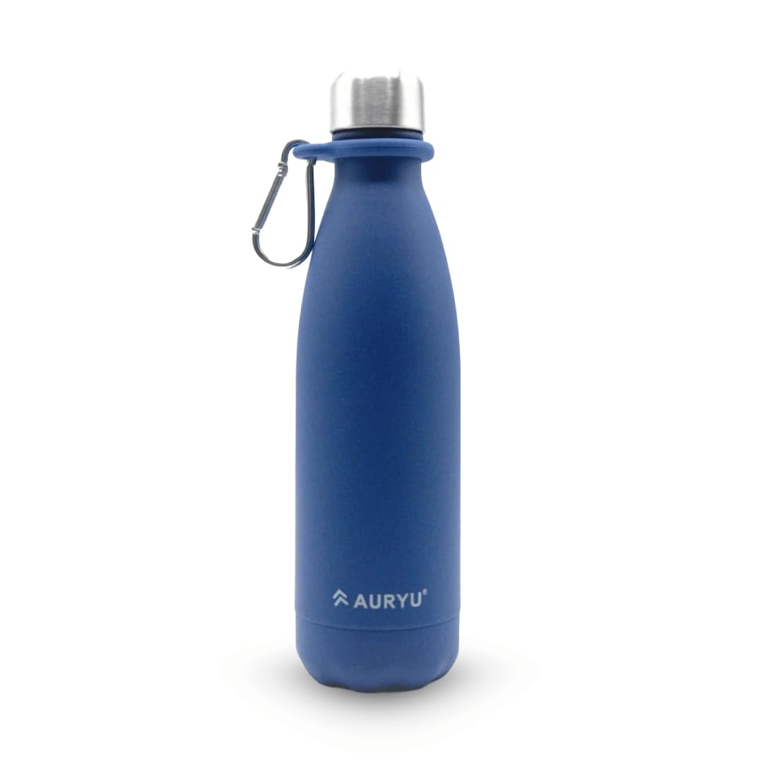 Auryu triple-walled bottle in navy keeps drinks cold 24 hours or hot 12 hours on the go.
