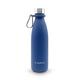 Auryu triple-walled bottle in navy keeps drinks cold 24 hours or hot 12 hours on the go.