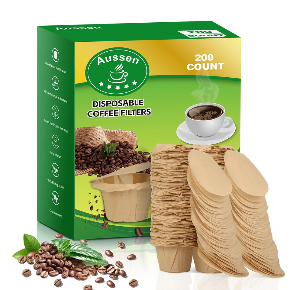 Aussen disposable coffee filter with natural lid for mess-free Keurig use.