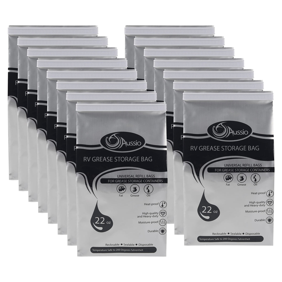 Aussio 15-pack grease bags in packaging, ideal for organized disposal.