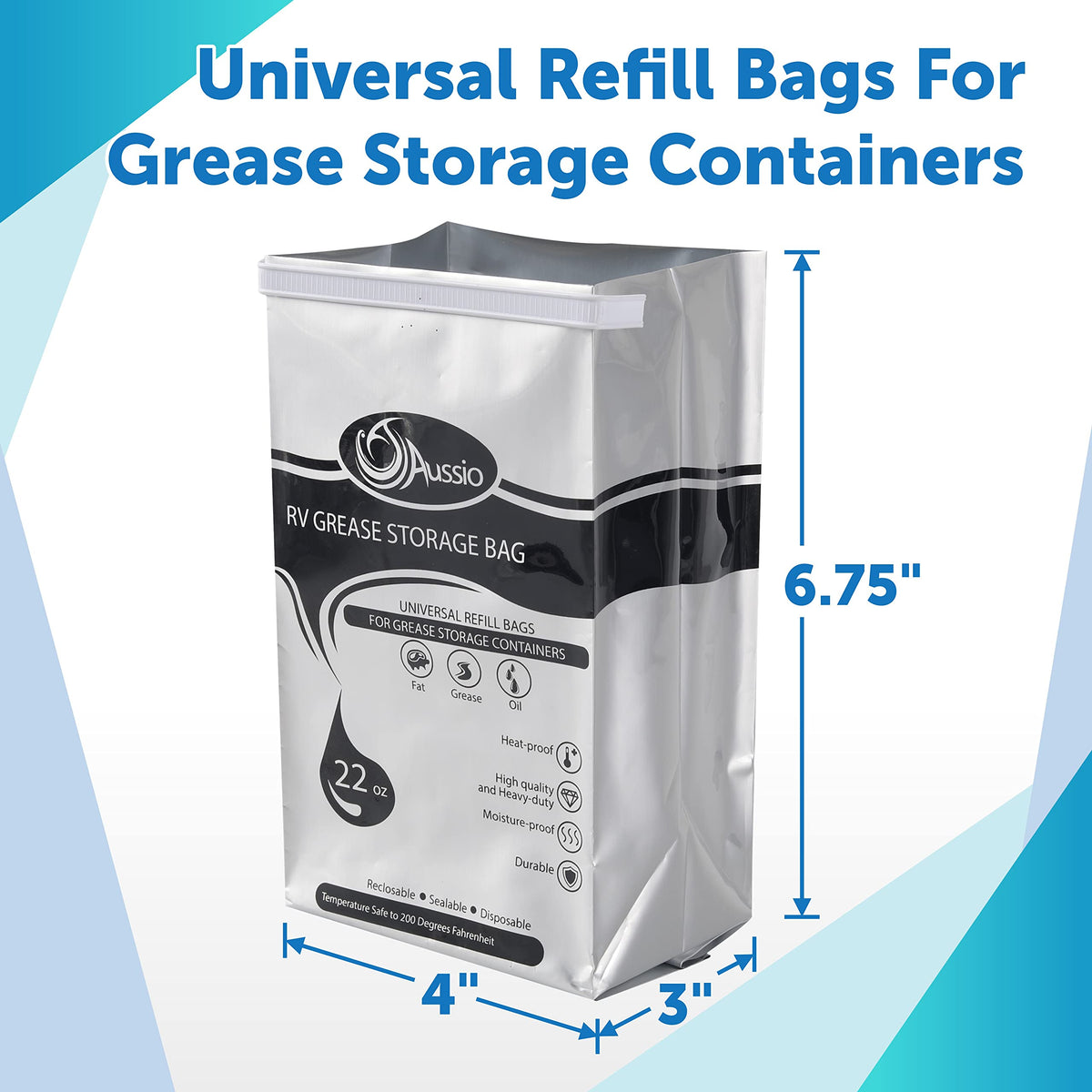 Aussio 22oz grease bags shown with capacity, perfect for storing cooled fats.