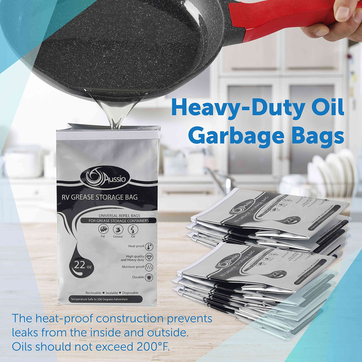 Aussio disposable grease bags suitable for regular trash disposal.
