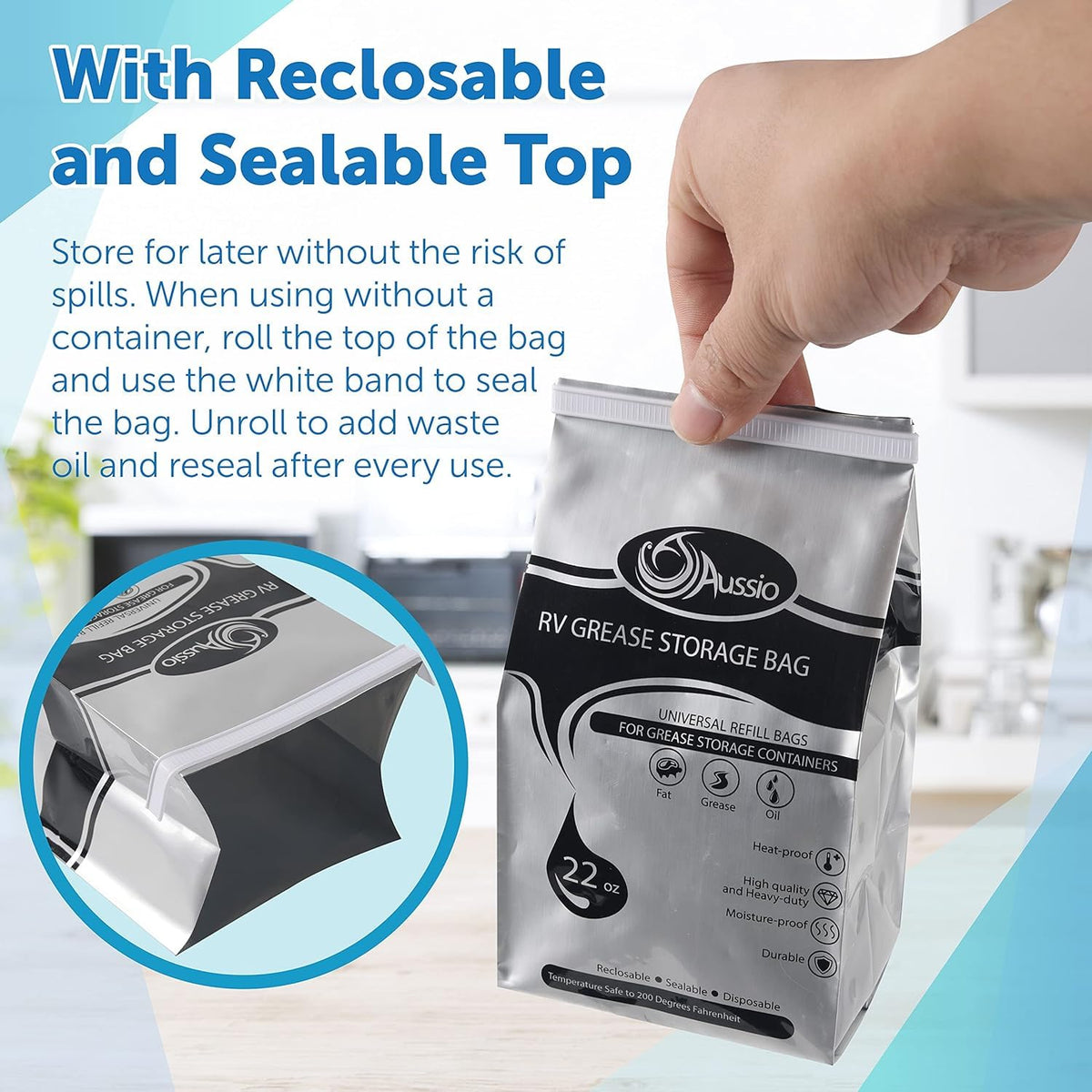 Aussio self-standing grease bags displayed upright for spill-free storage.