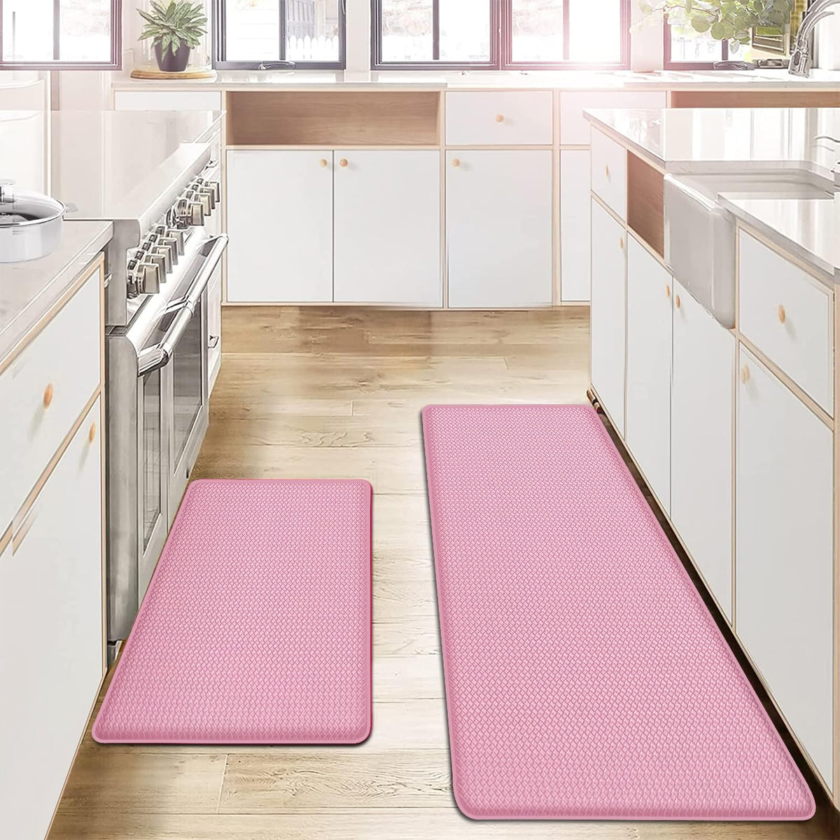 AUTODECO 2-pack kitchen mats on floor for cushioned comfort.