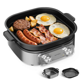 AUTUCU 6-Quart electric skillet front view with dual knobs for precise control.