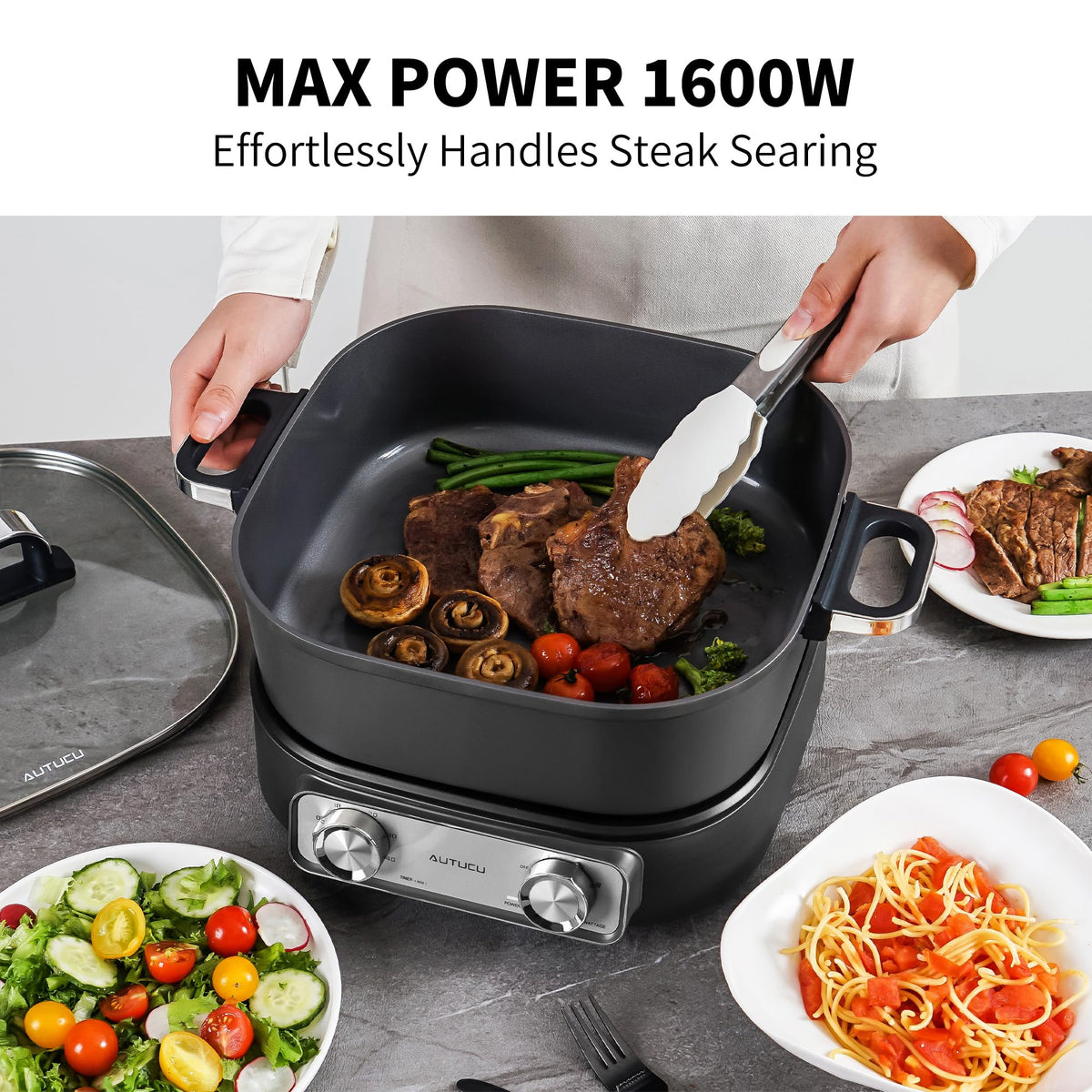 Searing meat with AUTUCU skillet, showcasing powerful 1600W heating.