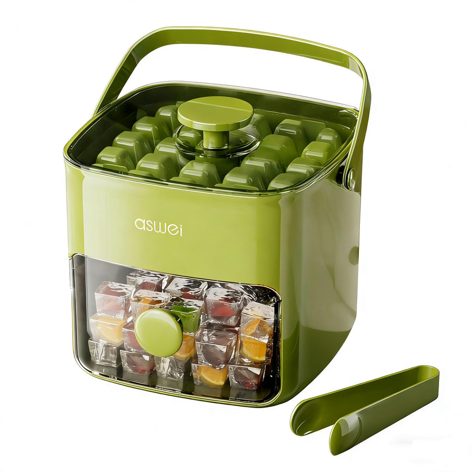 AUZUX compact ice tray with green lid for clean, odor-free freezer ice