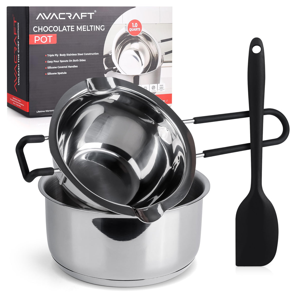 AVACRAFT double boiler 1qt top view shows even heat for delicate melting.