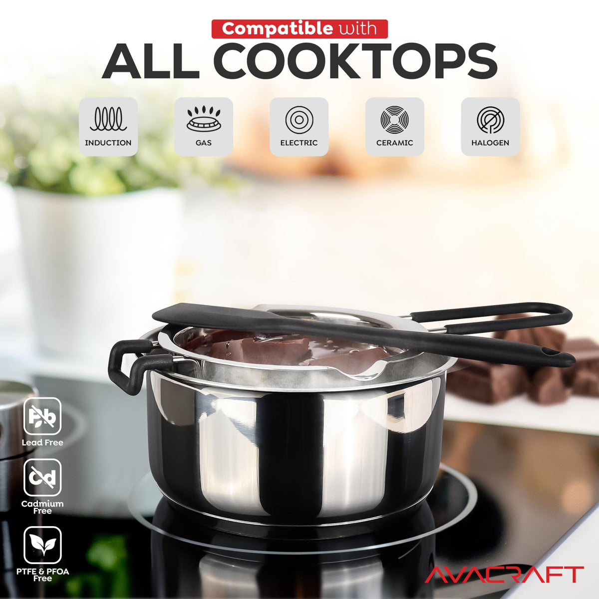 AVACRAFT silicone-covered handle protects hands during heating tasks.