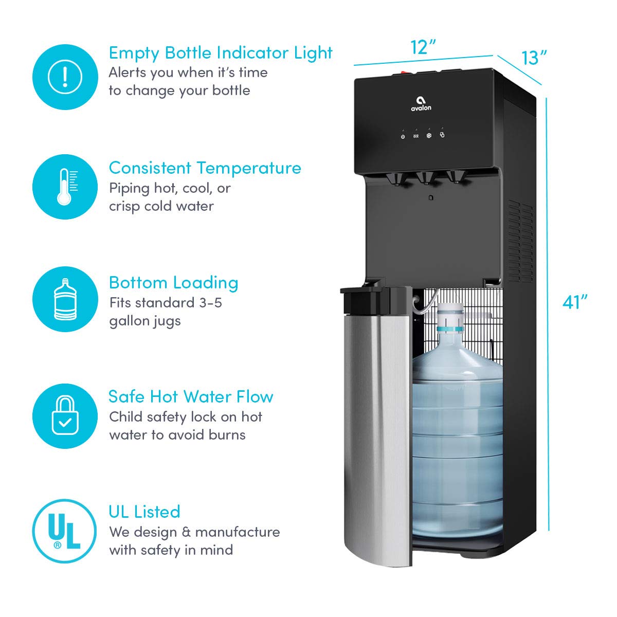 Avalon A4BLWTRCLR bottom-loading design minimizes lifting and spills during bottle replacement