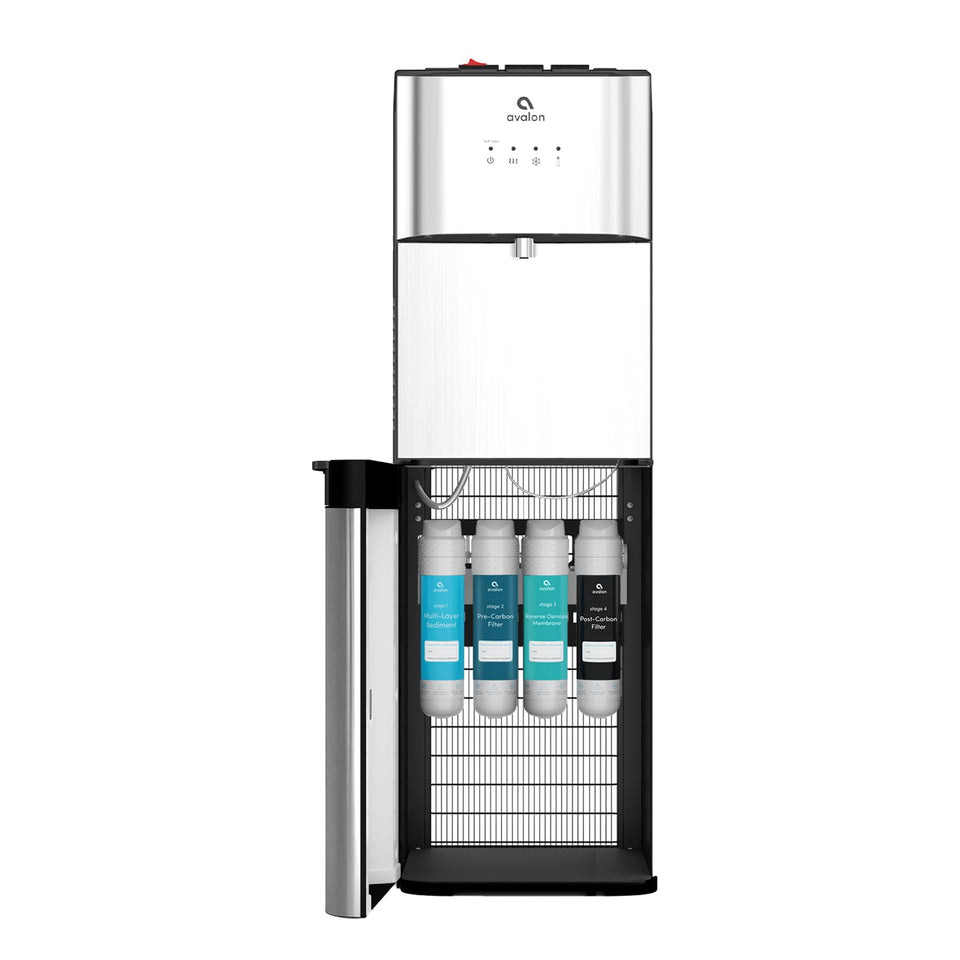 Avalon bottleless water dispenser front view with dual temperature options for home use.